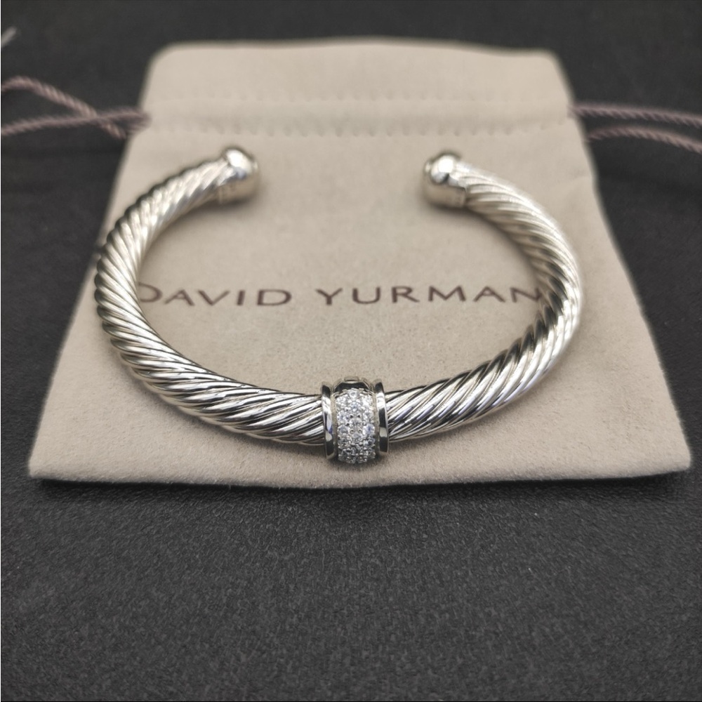 David Yurman Sterling Silver Cable Cuff with Pave Diamond Rondelle 7mm